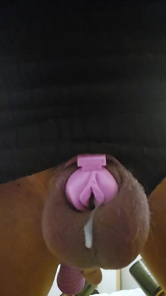 Sissygasm!! Sissy Crossdresser All Locked up in Cute Pink Chastity Cage with Realistic Clit Hole, She Cums Like a Slut thumbnail