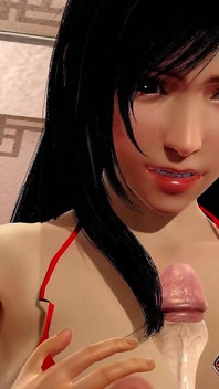 Tifa Lockhart em vestido curto vermelho explode pau grande usando seus peitões como masturbador