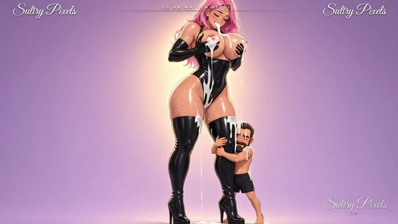 Sultry Pixels 3D: Anime Gergasi Gergasi berambut merah jambu memerah susu dari tetek...