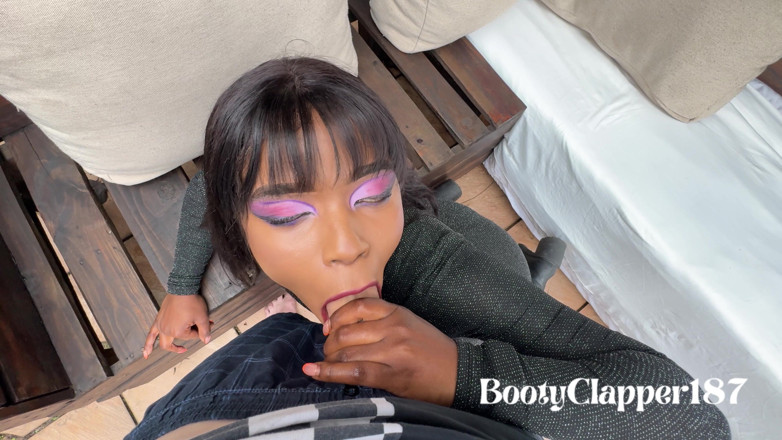 BootyClapper187: Sexy černá holka dostane kapající creampie přes kombinézu