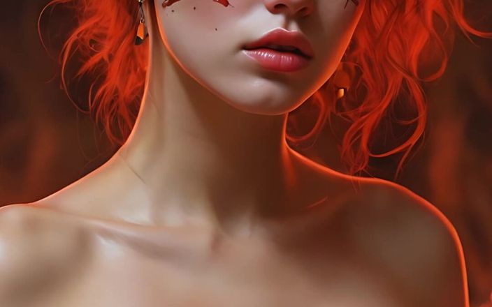 AI Girls: नियोन लाल आंखों वाली चित्रित युद्ध पट्टियों में लिपटी सुंदर युवा महिला की कलात्मक नग्न । असली Ai स्लाइड शो