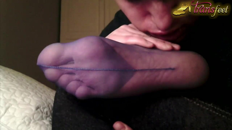 Trans and Cross-Dressers Feet: Trans is licking foot in pantyhose and masturbates