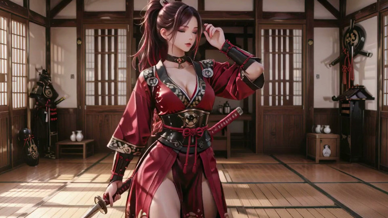 Seraphina Vale: Crimson Samurai! Red-haired Warrior Kneeling in the Sun
