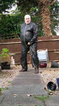 Leather Overalls in the Garden