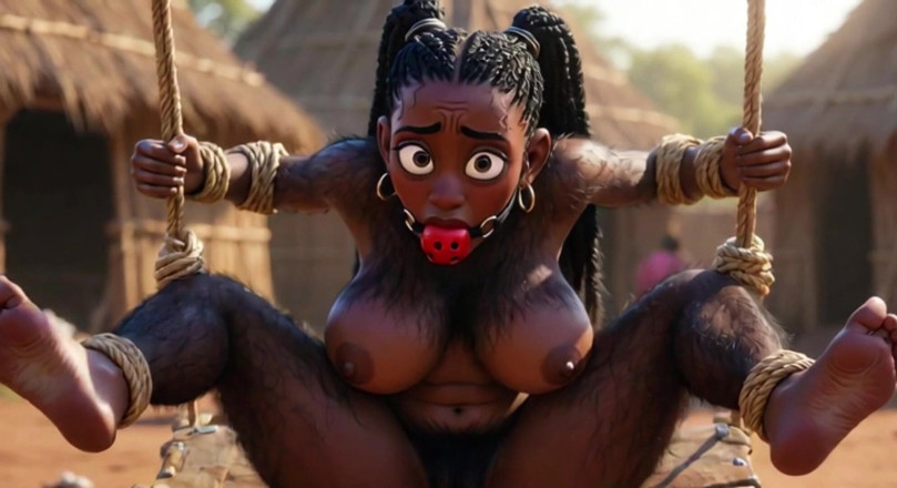 Anime Hentai: Une Africaine noire poilue en bondage attend de se faire...