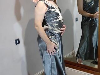 Sissy in satin: Hot sexy crossdresser in full length satin gown