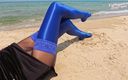 Shiny teens: 885 Shiny Blue Spandex Stockings on the Beach