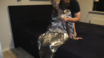 Satin Sex Couple: Silver satin blouse and silver satin skirt