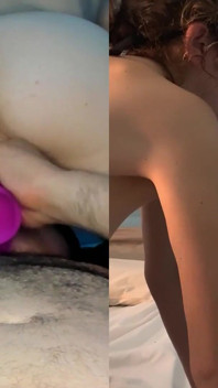 Stând pe față și 2 vibratoare unul în gură și unul în pizdă