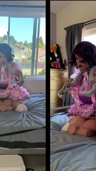 Pink Satin Sissy Maid Rides Her Sex Doll Toy While Locked