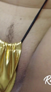 Hot Brunette in Golden Swimsuit Fucking Pussy Creampie