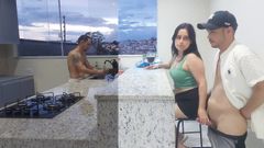 Fucking Hot Wife in the Kitchen Until She Cums, While the Cuckold Washes the Dishes