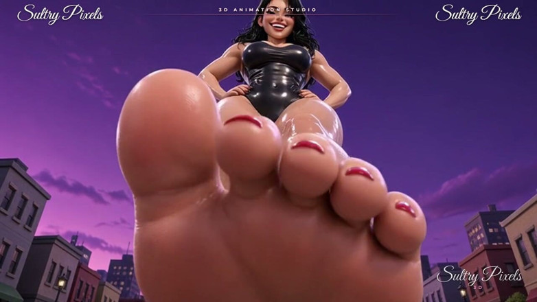 Sultry Pixels 3D: Geölte Riesin in high heels türmt sich über einen kleinen mann -...