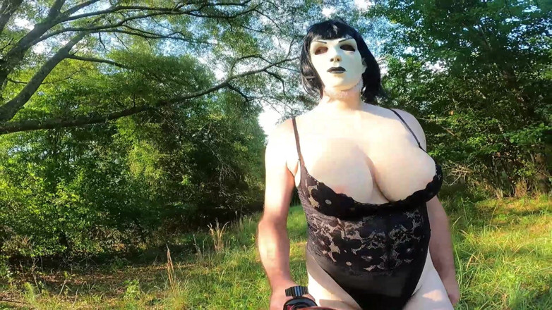 Jon Screcrow: Big Fake Tits Crossdresser in Lingerie Walking Around Outside