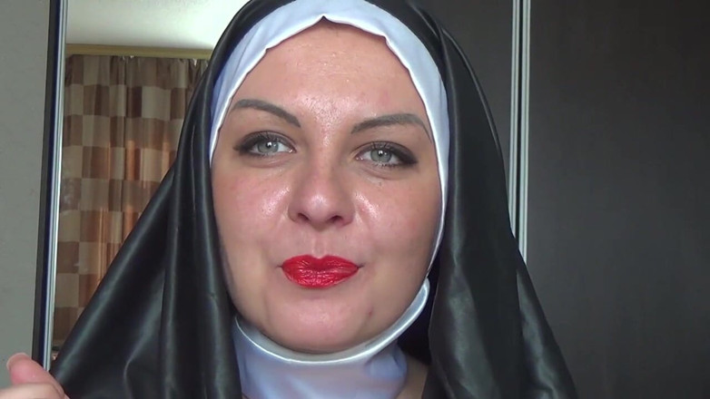 Goddess Misha Goldy: Sexy nun putting a lot of red lipstick and teasing...