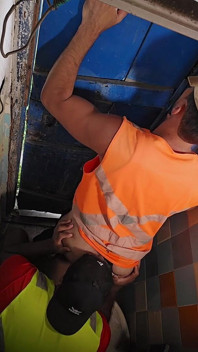 Two Construction Workers Making Out in the Company Bathroom.