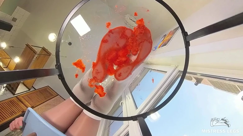 Mistress Legs: My Nylon Feet Squeezing Strawberry Juice on a Glass Table