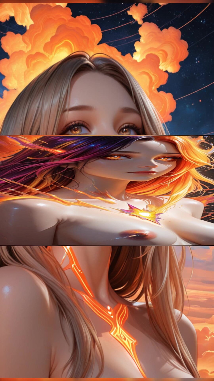 VelvetInk Studio: Kosmische Neon-göttin, nacktes Schönheits-Porträt mit glänzenden Cyberwolken, Ai Art Diashow