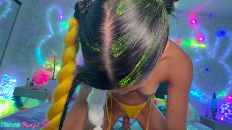 Rave Bunnys: Bella Noir Strokes Brian Omally's Cock with Glowstick Then Swallows!