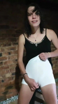 Skinny Petite MILF Takes a Piss Outside with Her Pants on & Takes It off to Show Her Holes