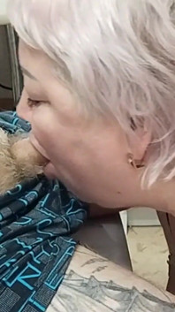 Cumming on My Mother-in-law's Chest After a Deep Blowjob