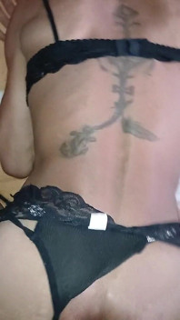 Ladyboy Gets Fucked in Black Lingerie at Home