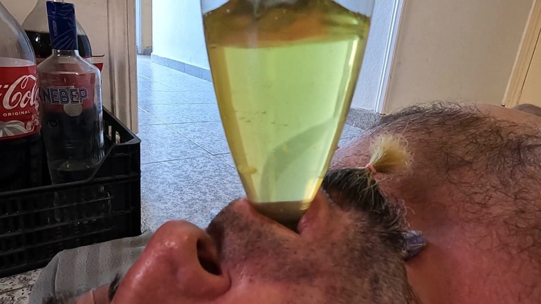 bekycarril: Husband Lying on His Back Trying Piss and Cum Through...