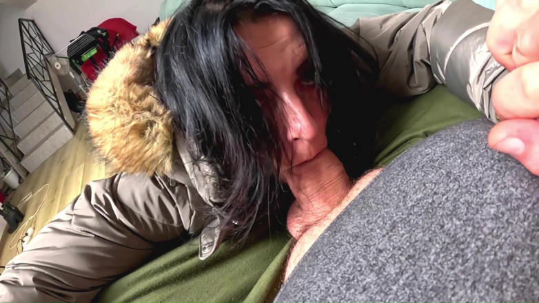 MilfyCalla: Glossy Fur Hood Downjacket. Deepthroat, Spit Play, Riding and Cum...