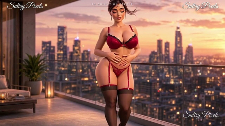 Sultry Pixels 3D: Si rambut coklat yang elegan dengan bulu berbogel di Teres -...