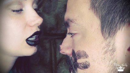 Goddess Misha Goldy: Covering Alex with black shiny lipstick kisses all over his...