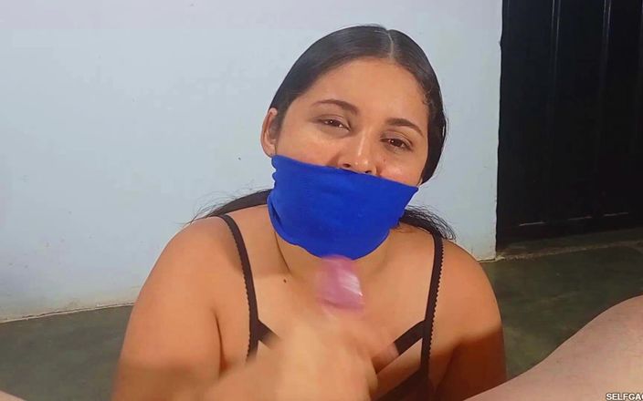 Selfgags Latina Bondage: Over-the-mouth Sock Gagged 20-year-old Latina Amateur Gives Handjob Like a Pro!