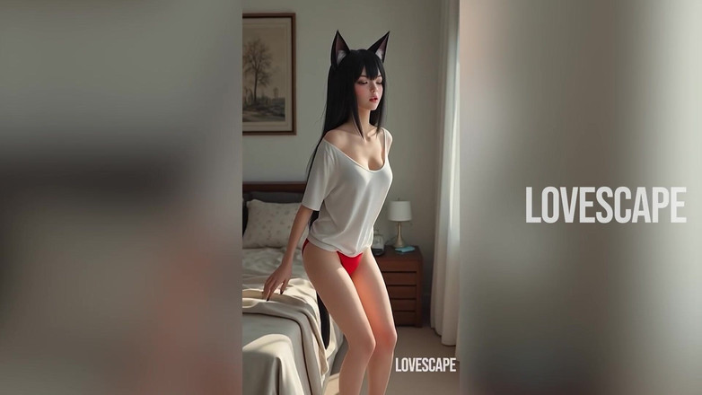 Lovescape: Catgirl excitată în dormitor gemete puternice și cerșit se termină cu ejaculare...