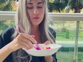 Sex Travelers: Me- Sexy Beauty Girl Model. Chopsticks and Exotic Fruits