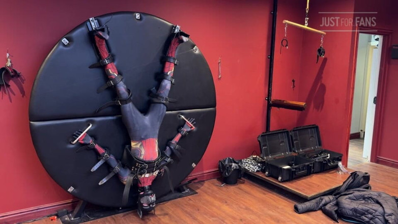 Inmate Cody and SubEdgeX: Pup Twink Dressed as Spider-man Strapped to the Bondage Wheel...