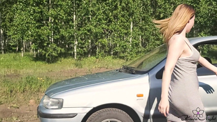 Kiara Night: Hot girl licking lollipop and masturbates pussy outdoor near the...