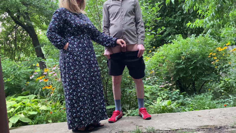 OurFetishLife: Stepmom MILF helps her stepson pee outside and pee standing...