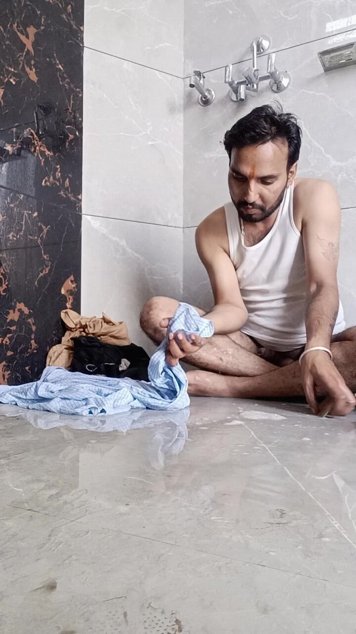 Rajasthani-old-lover: Desi young boy enjoy washing father's underwear