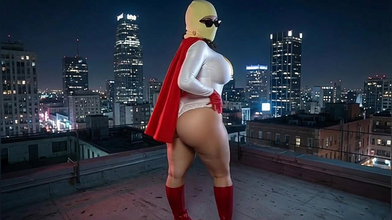Animate golden: Drobna superheroine z dużym tyłkiem w biało-czerwonej pokazując jej Masywny...