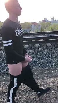 Extreme. Jerking off His Big Dick at the Train Station