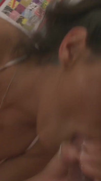 Lucky guy fucks brunette babe and cums all over her tits