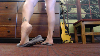 Abby Anna: Gray ballet flats standing shoe play