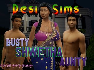 Desi Sims: Mătușă indiană desi țâțoasă în sari Shwetha cu doi băieți tineri