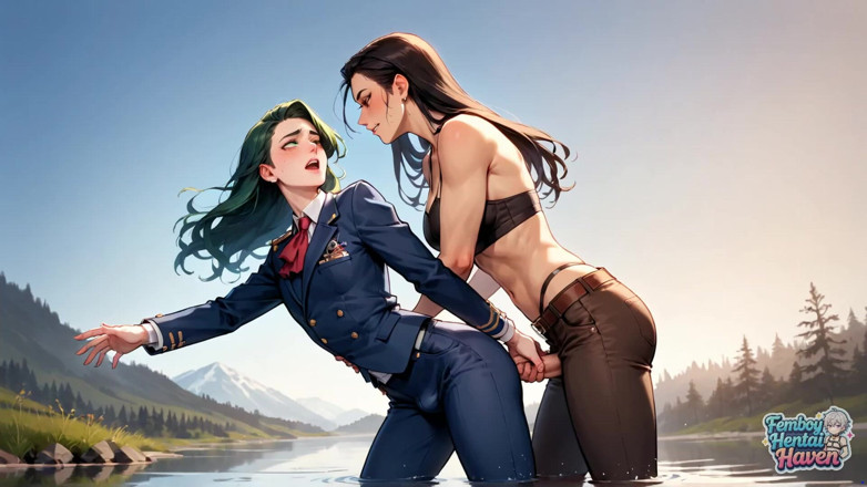 Femboy Hentai Haven: Una travesti con atuendo de cuero marrón brillante se reclina...