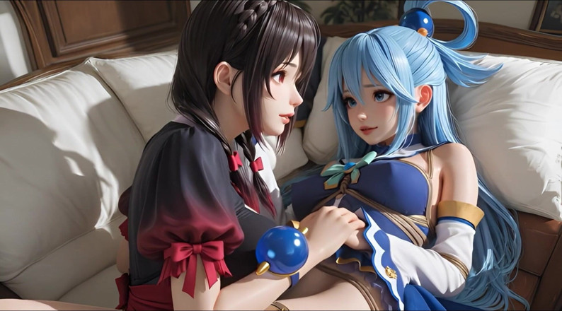 Iani media: 来自konosuba的sfw aqua和yunyun软表演触摸和亲吻女同性恋