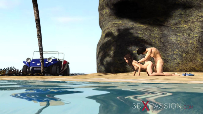 3dxpassion: Hot horny brunette has passionate sex on the beach