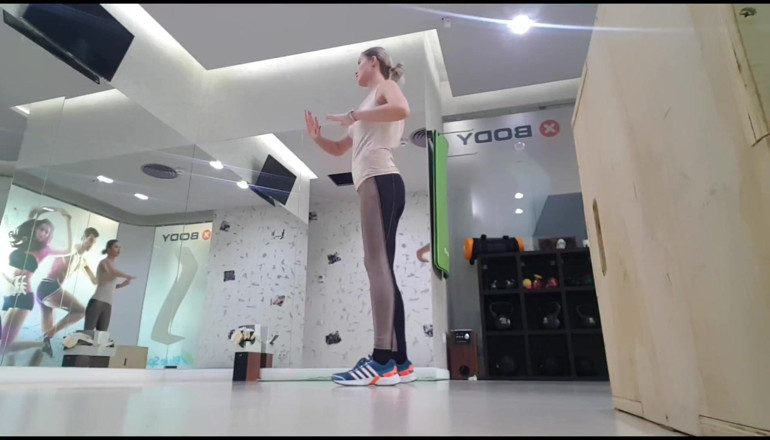 Erotic Tanya: Blonde teen warming up before workout