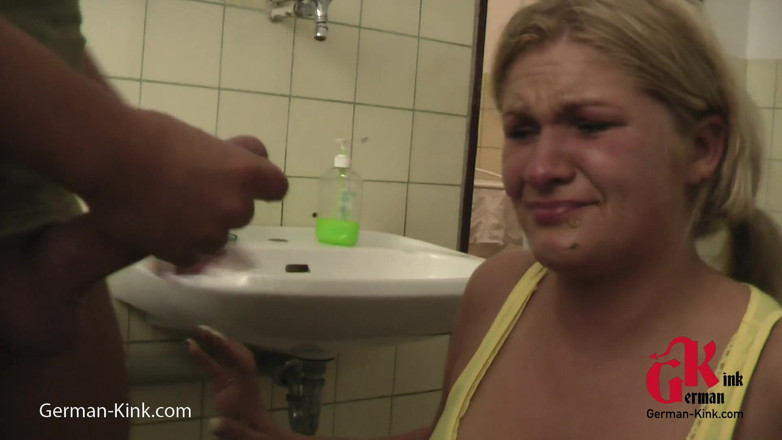German Kink: Deepthroat action for blonde chick in the bathroom