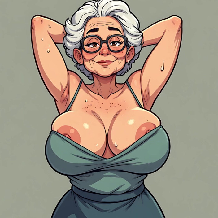 Huge Boobs: セクシーなカートゥーンのおばあちゃんの乳輪スリップ