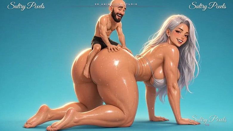 Sultry Pixels 3D: 銀髪のアニメの巨人が四つん這いで小さな男を尻に乗せる