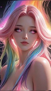 Bellezza cosmica arcobaleno con incandescenti occhi rosa fantasy ritratto ai art presentazione